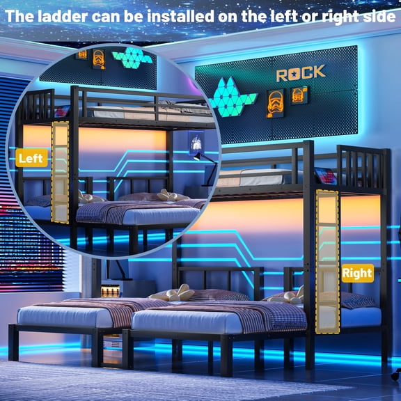 Mirightone Triple Bunk Bed for Kids with LED Light,Metal Heavy Duty 3 Bunk Beds with Charge Station &Storage Shelf, Convertible Three Bunk Beds,Can be Separated into 3 Beds, Black