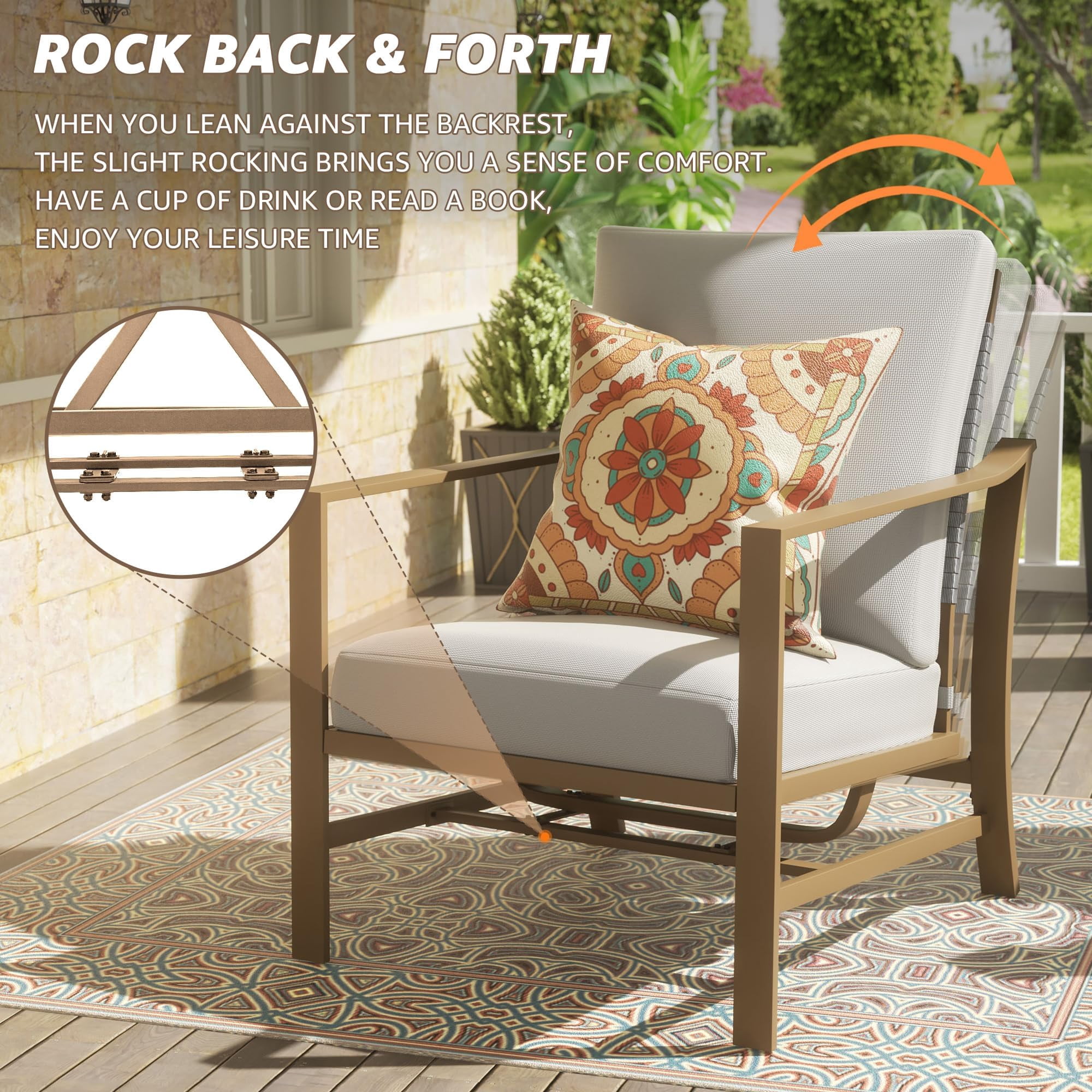 NATURAL EXPRESSIONS 4 Pieces Patio Furniture Sets, Modern Metal Outdoor Conversation Sets with High Back All Weather Hand-Woven Rope Rocking Chairs, Loveseat, Metal Table, 6" Thick Olefin Cushions