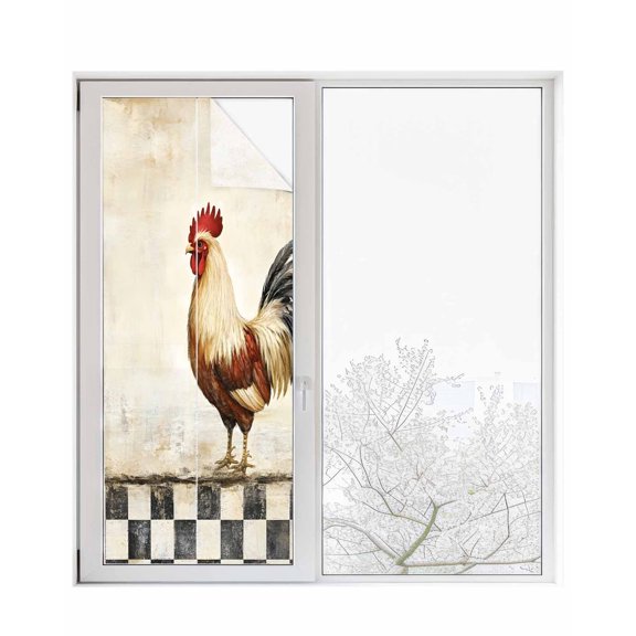 Window Privacy Film Vintage Rooster Stained Glass Window Film Decorative Sun Block Window Cover Watercolor Pastoral Animals Buffalo Window Clings Static Adhesive Sticker for Bathroom 23.6"x59"