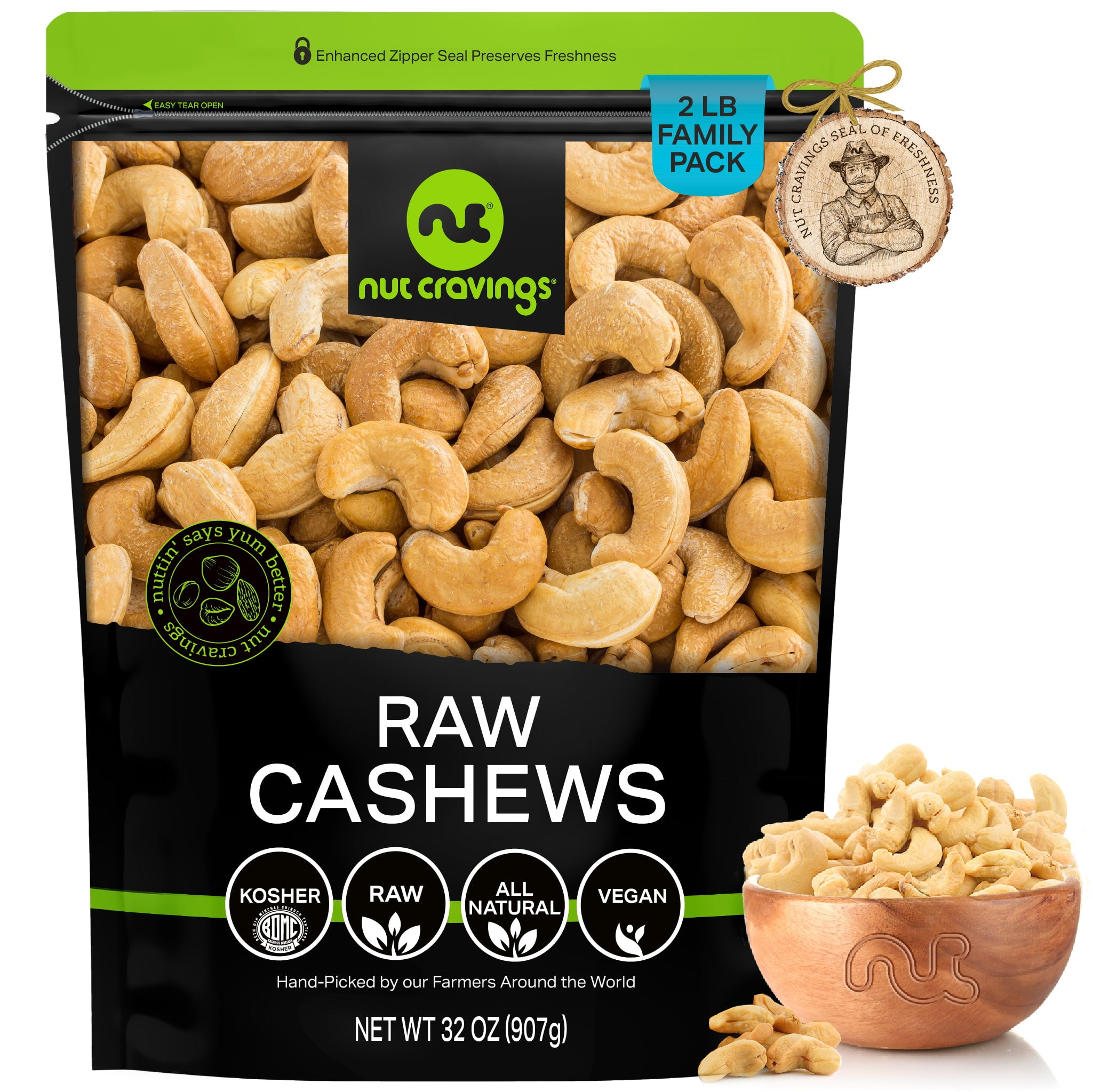 Raw Whole Cashews, Unsalted, Shelled, (32oz 2 LB) Bulk Cashew Fresh Nuts by Nut Cravings