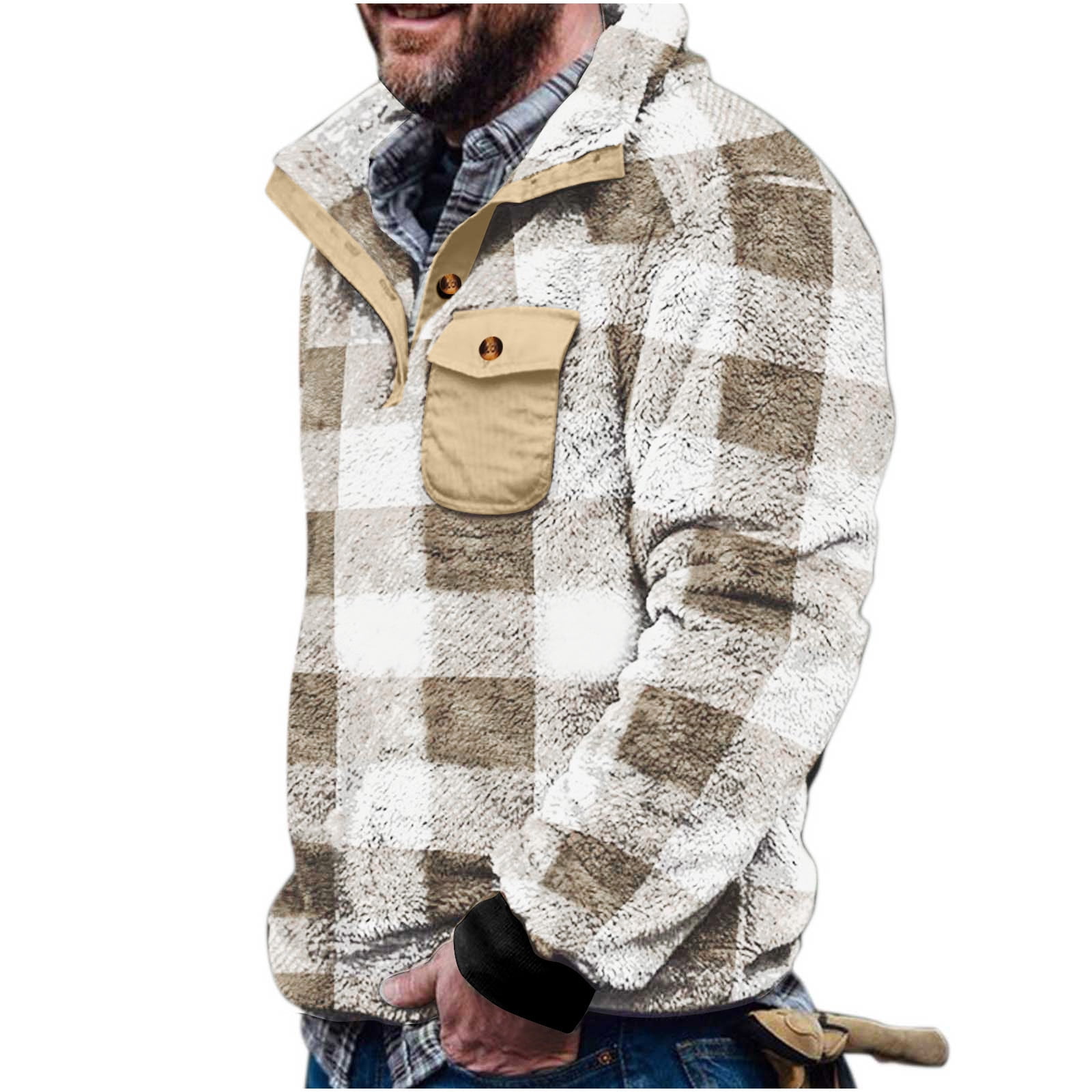 Penkiiy Men's Warm Sherpa Lined Fleece Plaid Flannel Shirt Jacket