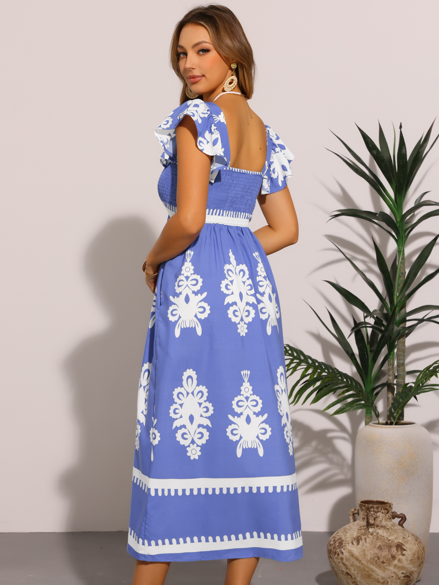 DARING DIVA Square Neck Flutter Sleeve Smocked Flowy Maxi Boho Dress M Blue
