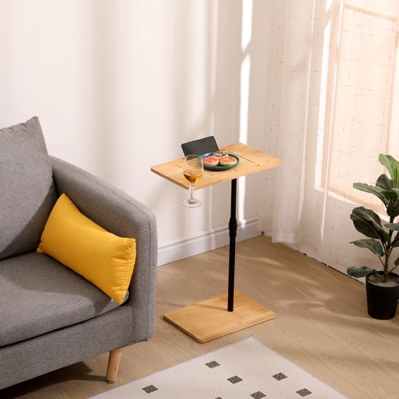 Adjustable C-Shaped Sofa Tray Table - Multi-Height Oval & Rectangle Side Table with Slots for Bed/Chair, Natural Bamboo End Table for Living Room & Bedroom(Rectangle Rectangle)