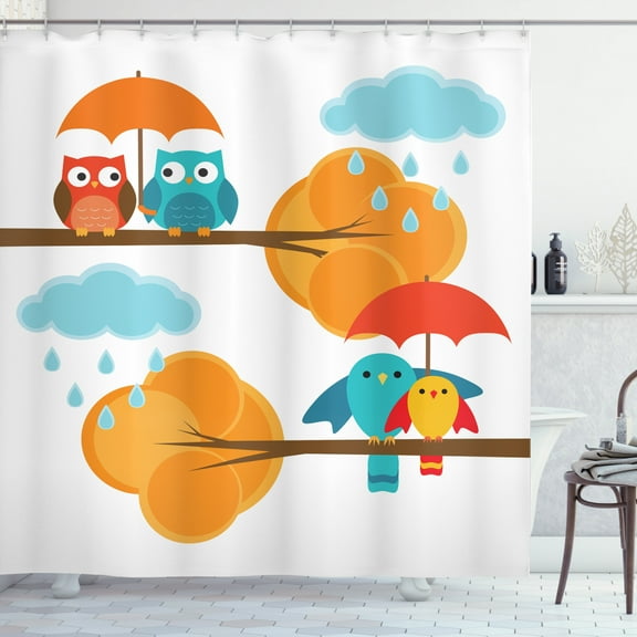 Owl Print Shower Curtain, Cartoon of Clouds Raindrops Branches Wise Birds, Fabric Bathroom Set with Hooks, 69W X 70L Inches, Marigold Sea Blue Vermilion and Earth Yellow, by Ambesonne