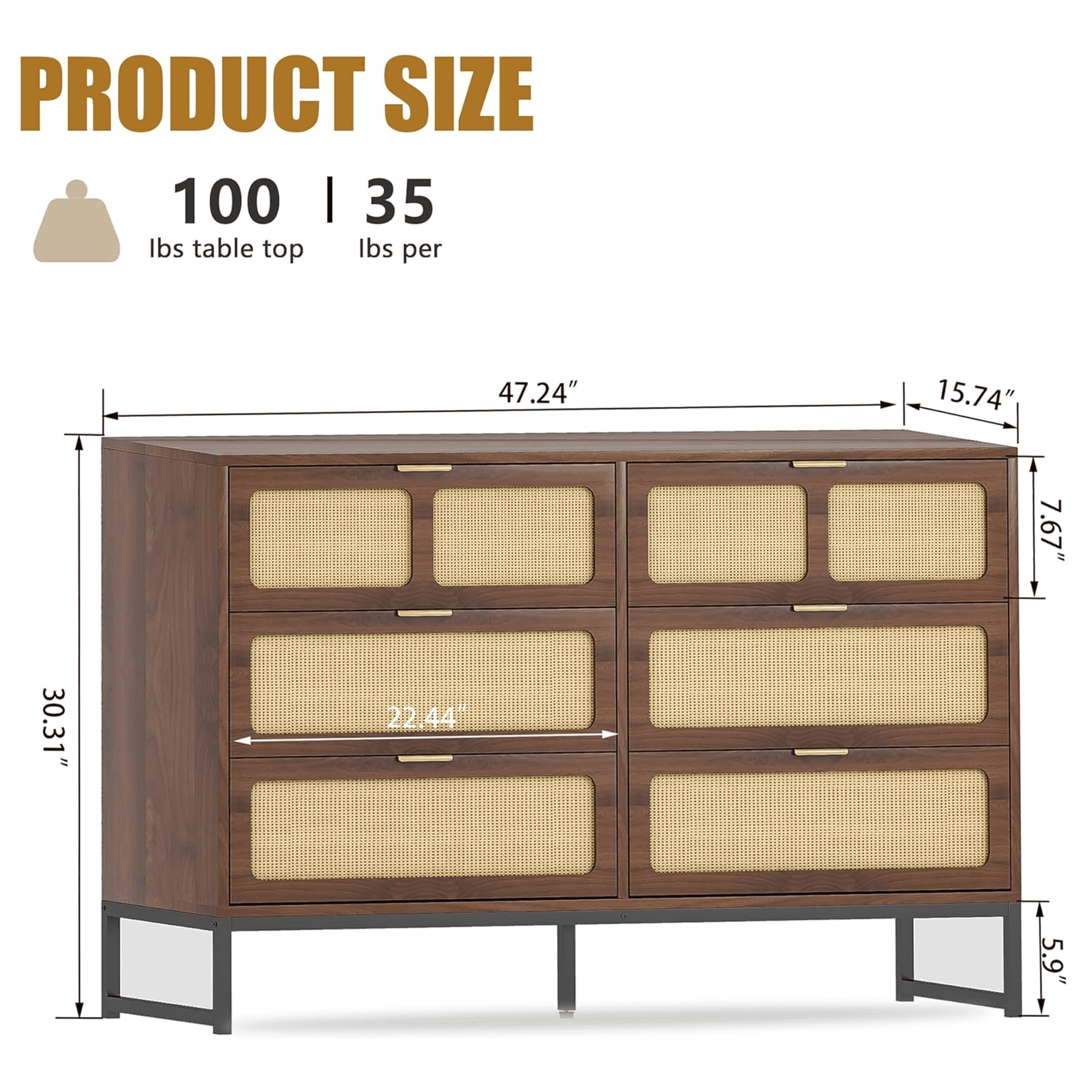 6 Drawer Double Dresser, Rattan Chest of Drawers, Wood Storage Chest for Bedroom Living Room