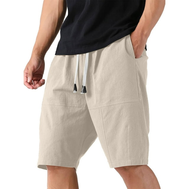 YUGYXL Mens Cotton Linen Shorts Drawstring Loose Golf Shorts with Pockets Summer Training Straight Shorts Beige L