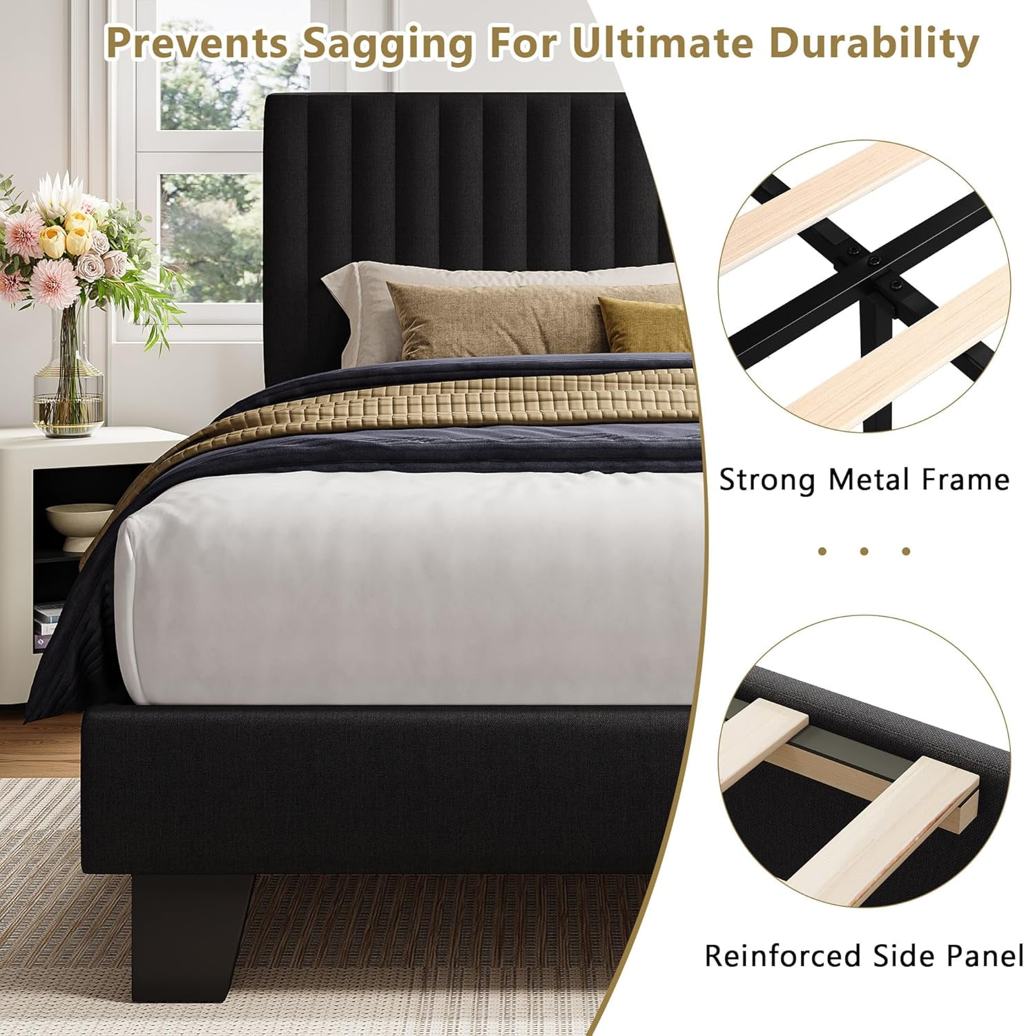 Honfach Queen Size Bed Frame, Upholstered Platform Bed with Velvet Headboard, Wide Bed Legs and Strong Wood Slats Support,Black