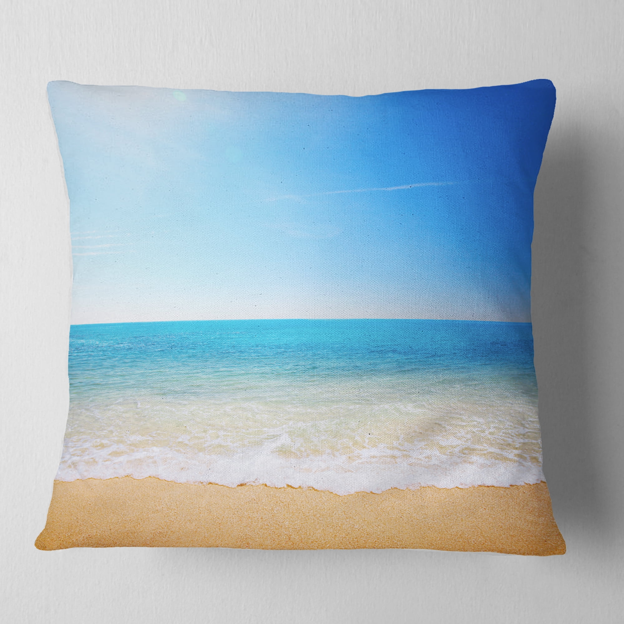 Designart Blue Waves at Tropical Beach - Seashore Photo Throw Pillow - 18x18