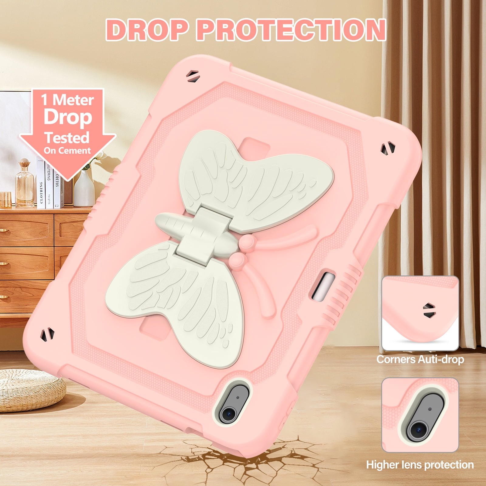 For iPad Air 11 M4 M3 M2 2026 2025 2024 Case, Cute Butterfly Design Heavy Duty Shockproof Shoulder Strap Pencil Holder Kickstand Bumper Kids Friendly Rugged Case for Apple iPad Air 11", Pink+Beige