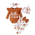 thumbnail image 2 of Bellafa Newborn Infant Girls 4Pcs Outfits Baby Girl Letters Ribbed Ruffle Romper+ Floral Pants+ Headband Hat Sets Fall Winter Clothes, 2 of 11
