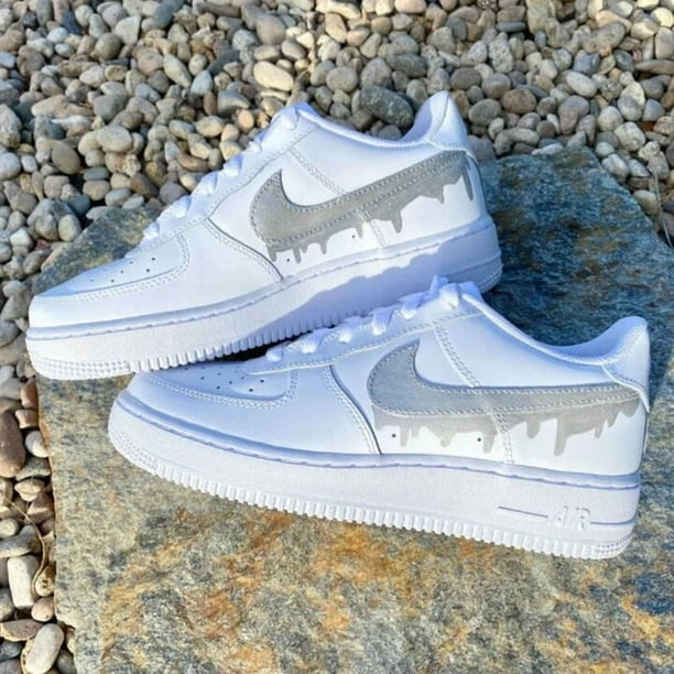 Air Force 1 Custom White School Shoes Metallic Silver Drip Swooshes Mens Womens