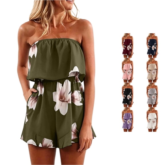 XAOFW Floral Print Strapless Ruffle Tube Jumpsuits For Women Sleeveless Elastic Drawstring Waist Pocket Casual Summer Beach Short Jumpsuit Stylish Tops L
