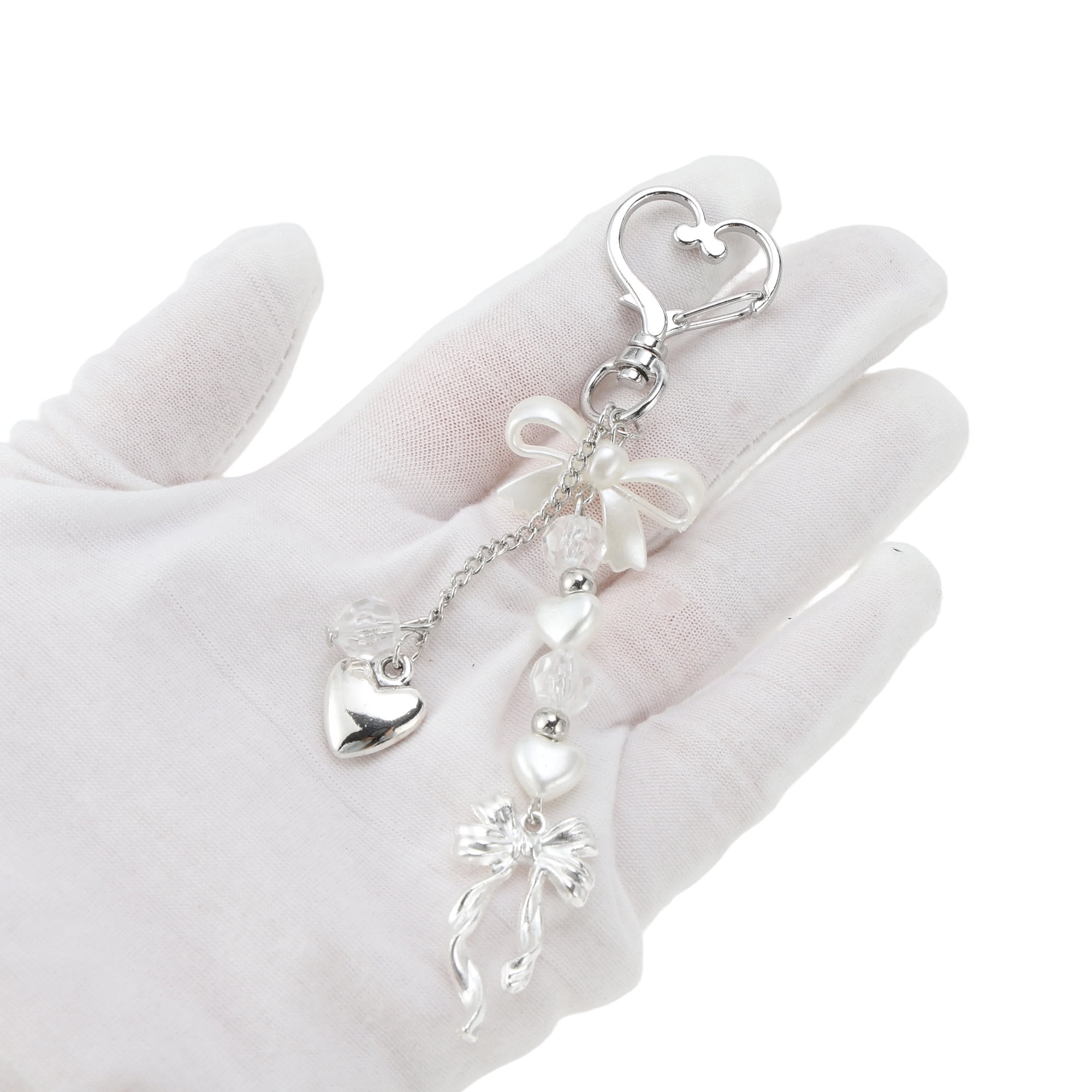 Unique Bargains Heart Bow Handbag Charm Keychain 1 Pc for Bags Silver Tone, Beige