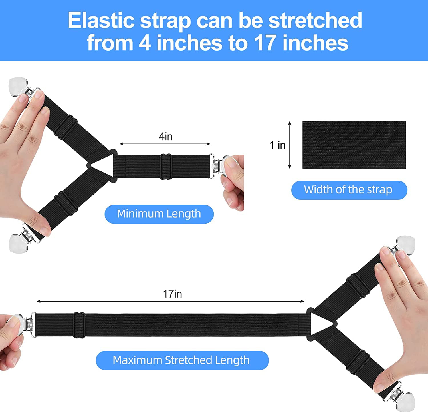 Nonslip Bed Sheet Straps Sheet Holder Straps,4 PCS Adjustable Bed Sheet  Fasteners Fitted Sheet Clips,Extra Strong Elastic Fasteners with Iron