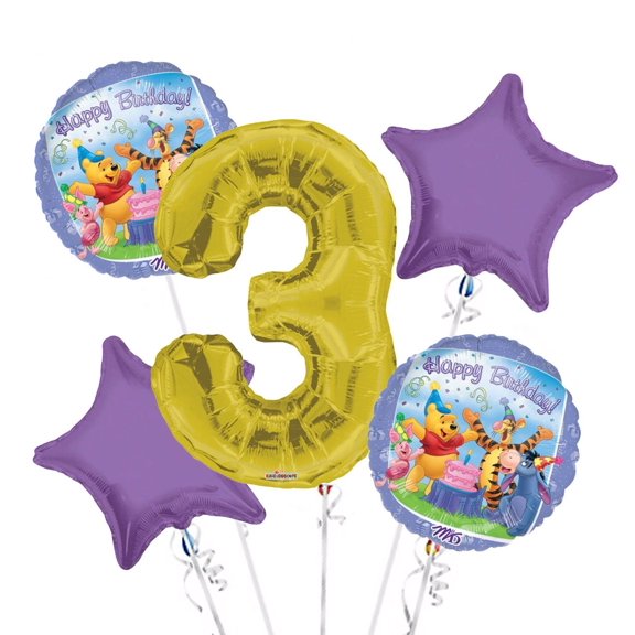 Pooh Balloon Bouquet 3rd Birthday 5 pcs - Party Supplies