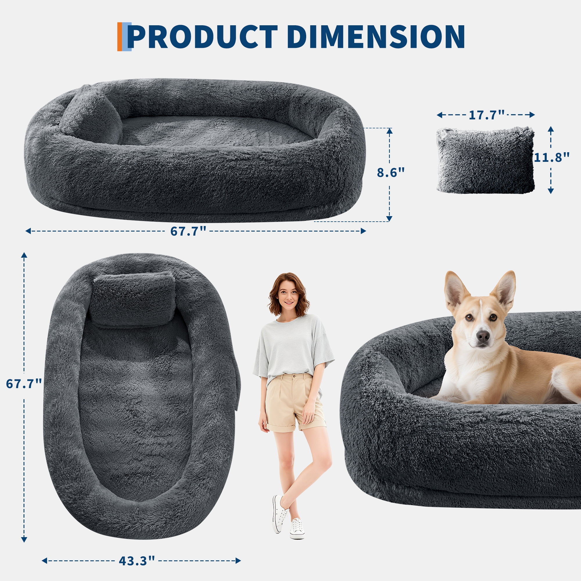 Human Size Dog Bed for People and Pets, 67×43×8 inch Orthopedic Foam Lounger with Removable Washable Faux Fur Cover, Raised Bolster, Side Pocket and Portable Strap, No Assembly Required, Cozy Floor B