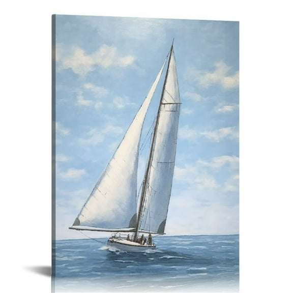 ARISTURING  Coastal Sailing Boat Canvas Wall Art - Blue and White Nautical Picture for Living Room, Bedroom, or Bathroom Decor with Vertical Seaside Artwork