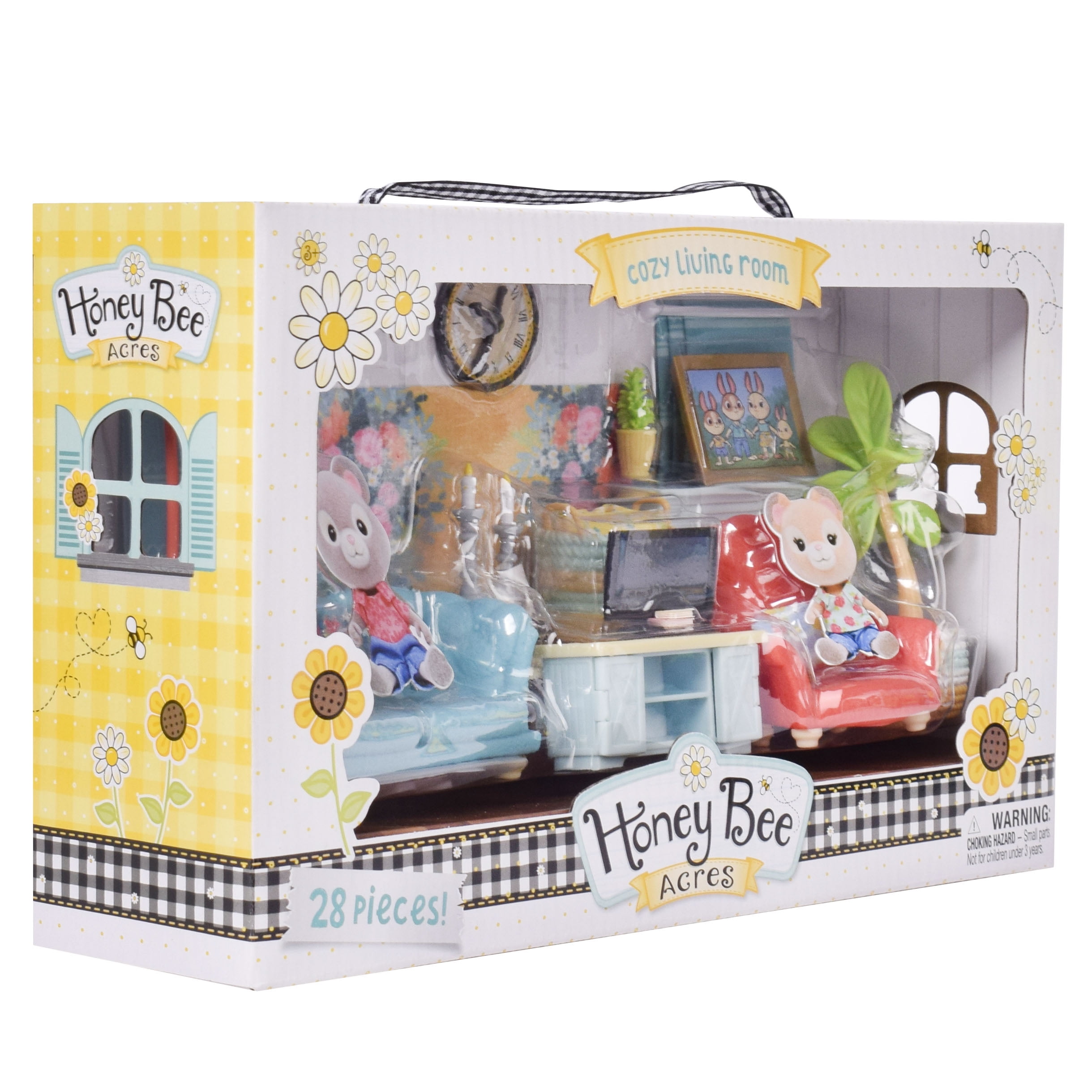 Honey Bee Acres Cozy Living Room Décor – 28 Piece Dollhouse Furniture & Accessories - Miniature Playset with Couch, Chair, Fireplace & More - Kids 3+