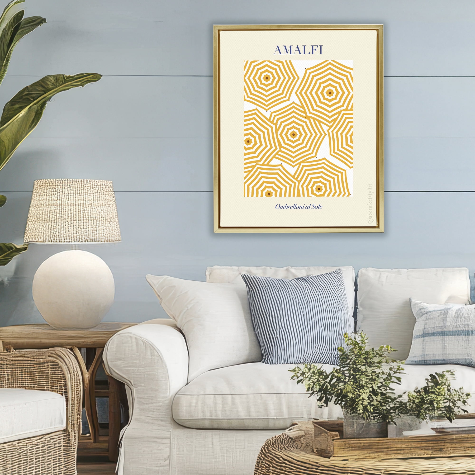 Stupell Industries Yellow Amalfi Umbrellas Gold Framed Floater Canvas Wall Art, design by A Barefoot Stylist