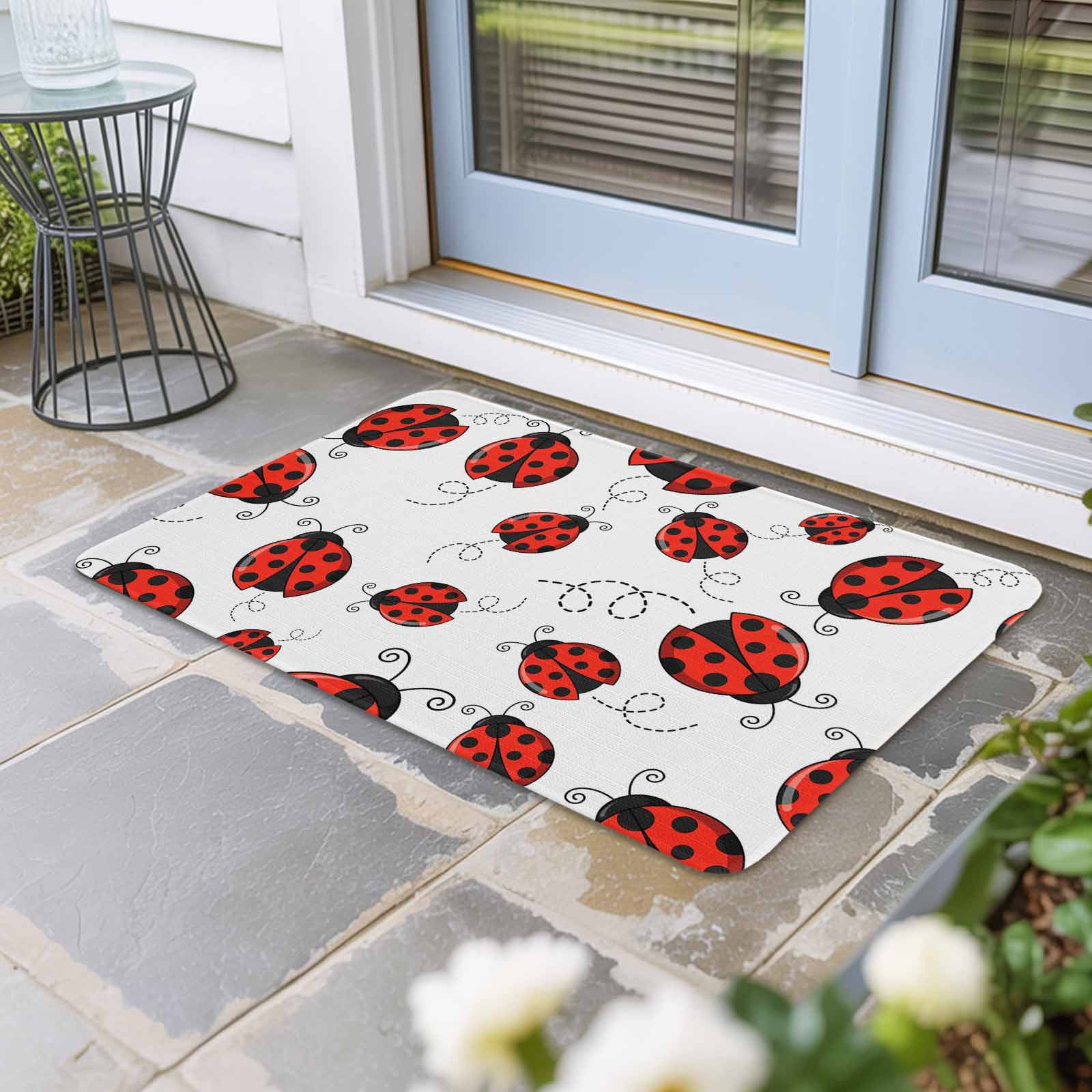 Red Ladybugs Doormat Outdoor Entrance 18"x30", Animal Themed Spring Summer Rustic Absorb Moisture Dirt Door Mats, Non-Slip Rubber Backing Floor Mats Indoor, Low-Profile Front Door Rugs