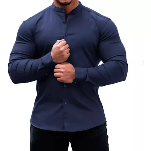 Camisa Slim Fit Hombre Manga Larga Casual Cuello Mao Lisa