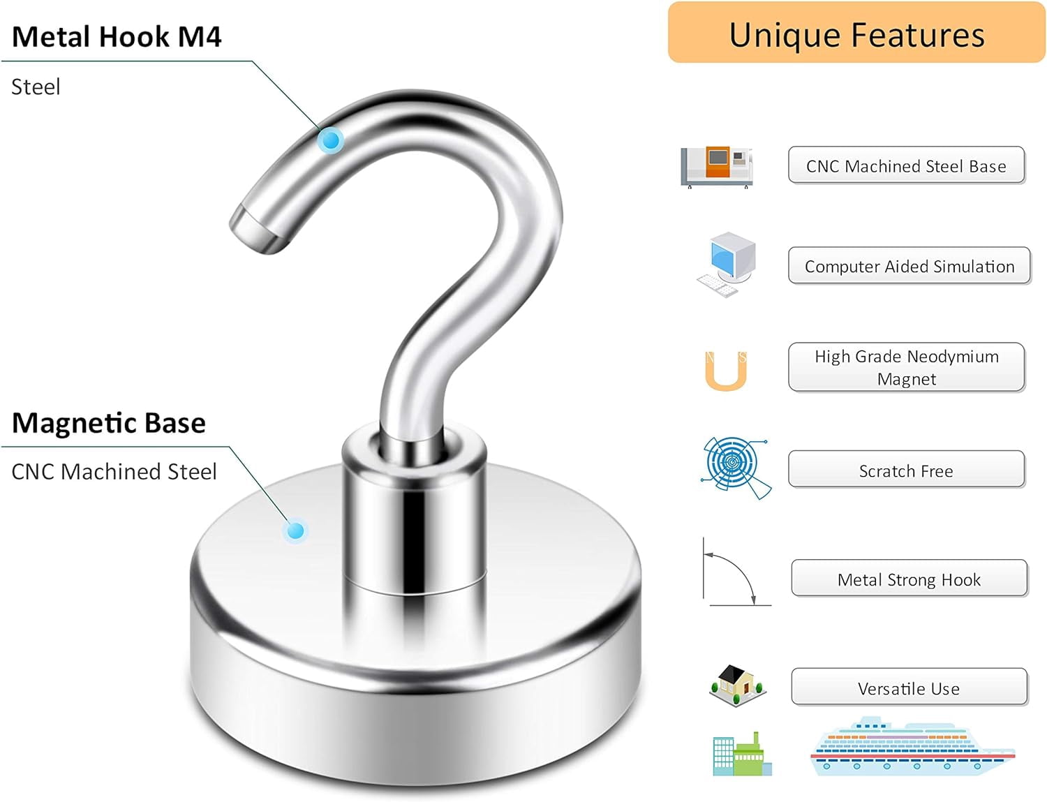 JJEAN-Magnetic Hooks, Heavy Duty 85lb+ Strong Magnet Hook for Cruise Cabins, Cruise Ship Essentials for Hanging, Metal Wall Refrigerator Hangers (Silver, 10 Pack)