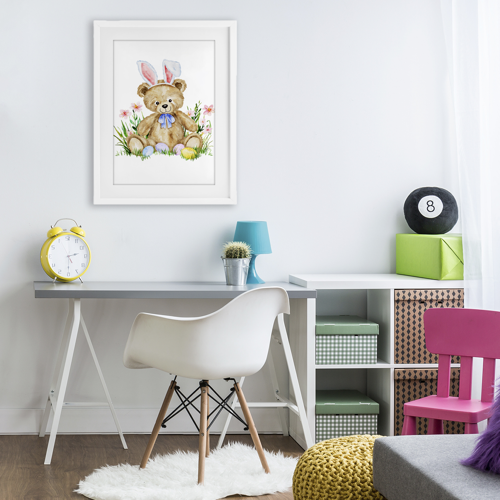 Springy Easter Teddy Bear White Framed Print Under Glass, design by Amy Hall