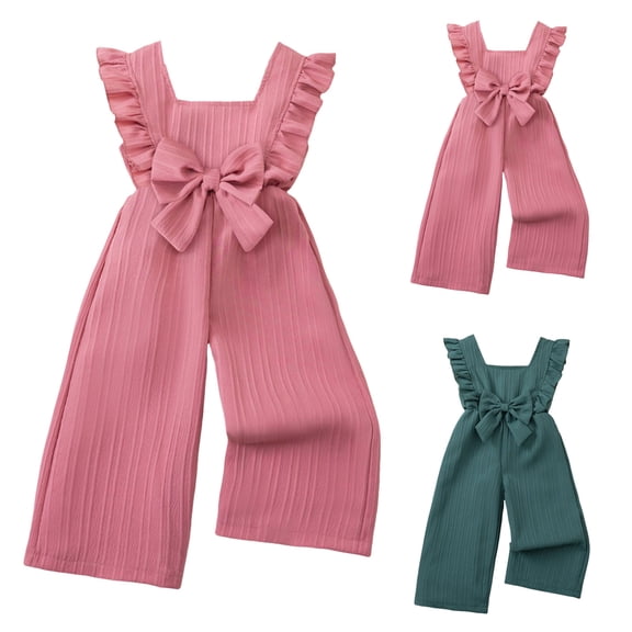 Pandaie 2-6Y Girls Jumpsuit Kids Fashion Ruffle Sleeveless Wide Leg Romper Bodysuit Bow Smocked Back Summer Outfits Green