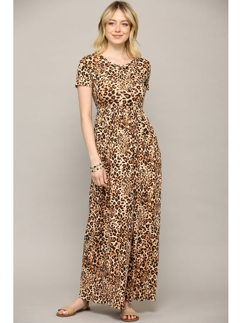 Made by Johnny Women's Short Sleeve Loose Plain Casual Long Maxi Dresses  with Pockets XS LEOPARD - Walmart.com