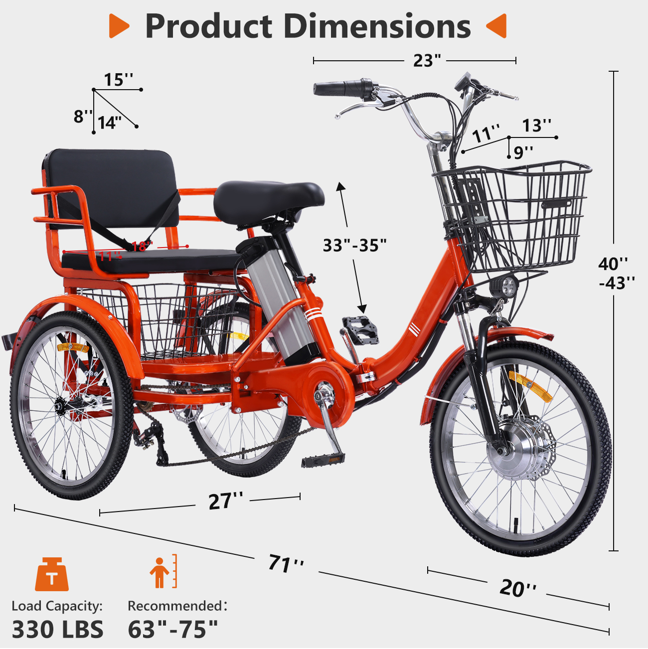 YEBEI Electric Tricycle for Adults Folding Electric Trike 3 Wheel Electric Trike with Two-Seater Large Basket Super Powerful Brushless 500W Motor 48V15AH Lithium Battery Max 20MPH E-Tricycle Orange