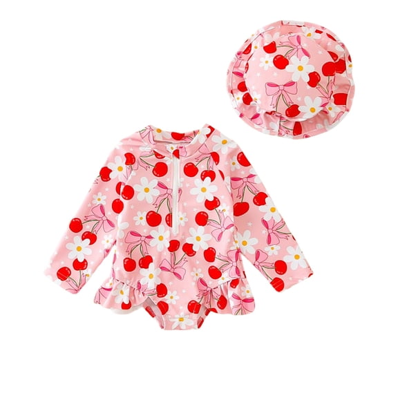 LIIPEE Baby Girls Swimsuit Sets 2 Piece Set Kids Casual Summer Floral Graphic Print Long Sleeve Zipper One-Piece Swimsuits And Swim Hats Cute Beachwear,6-9 Months