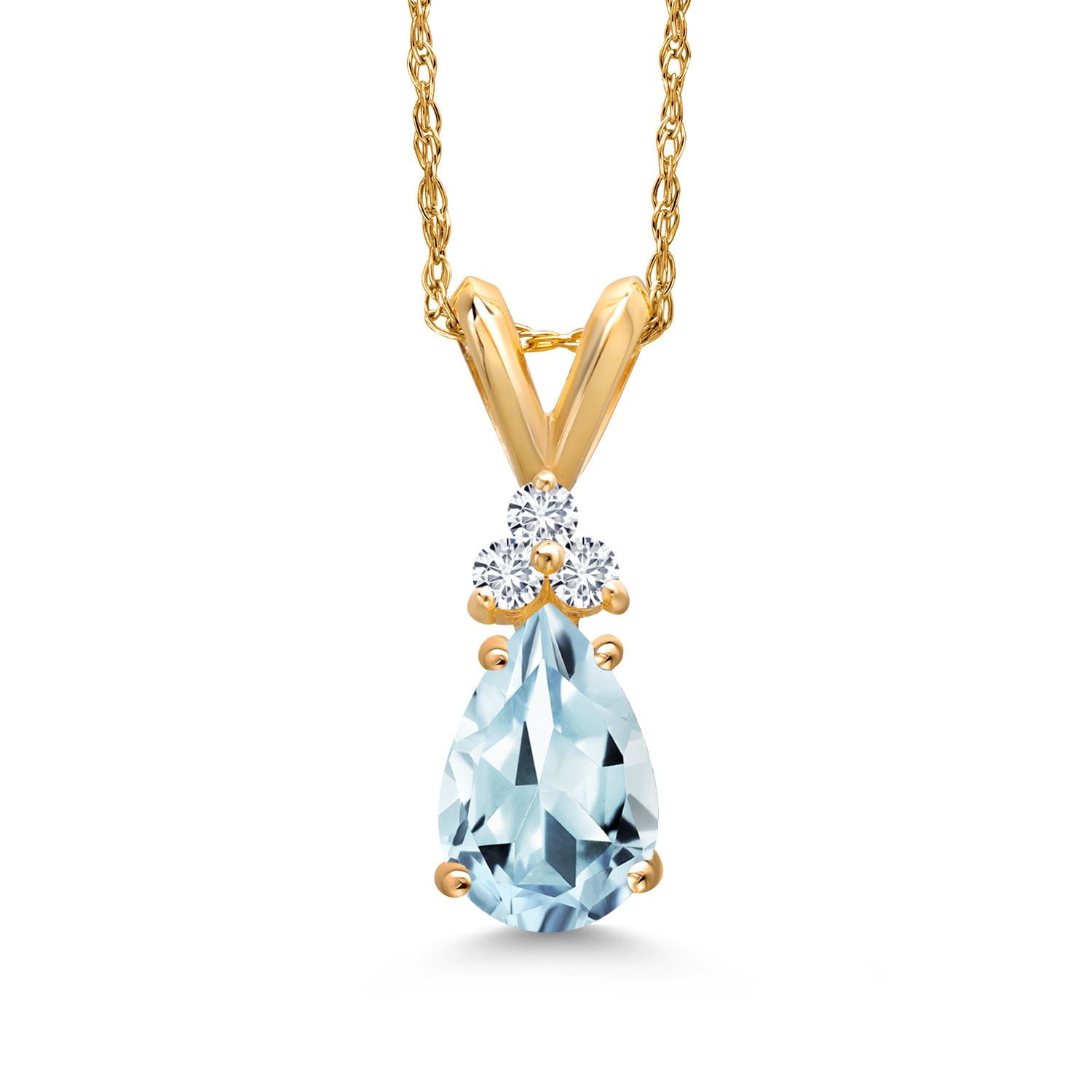 Gem Stone King 14K Yellow Gold Sky Blue Aquamarine and White Diamond Pendant Necklace for Women | 0.84 Cttw | Gemstone March Birthstone | Pear Shape 8X5MM | With 18 inch Chain