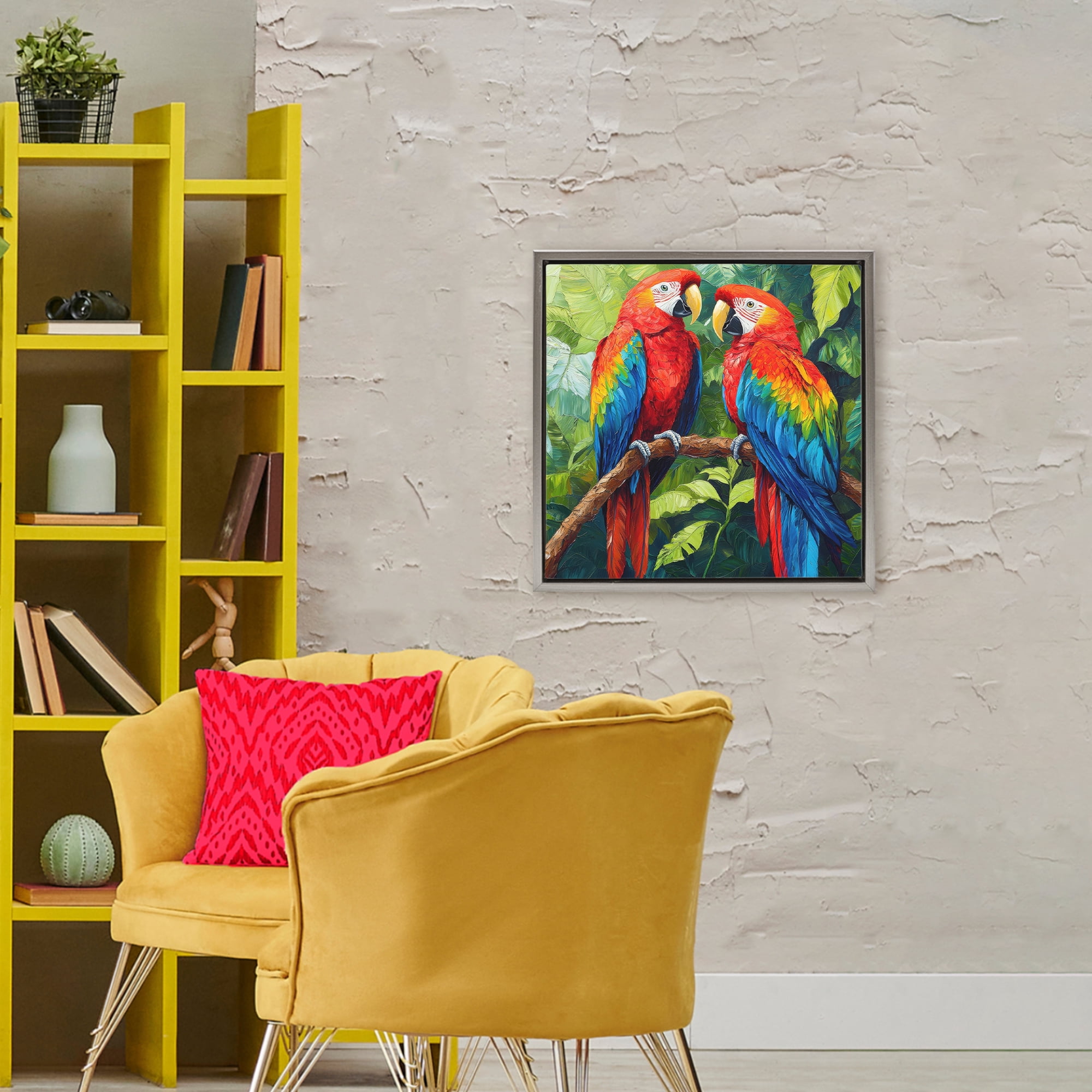 Stupell Industries Tropical Parrot Pair Gray Framed Floater Canvas Wall Art, design by Petal Prints Design