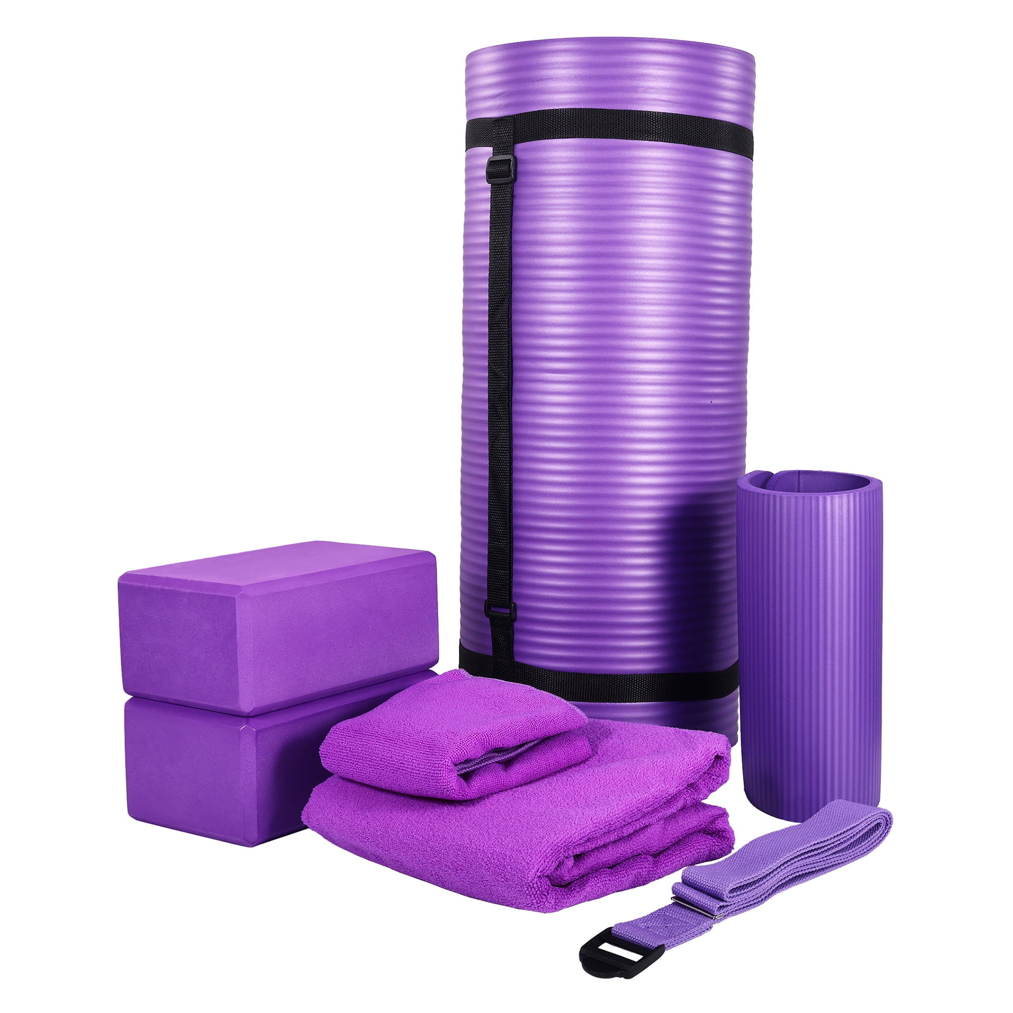 BalanceFrom Fitness 7 Pc Yoga Set w/ Mat, Stretch Strap, & Knee Pad, Purple