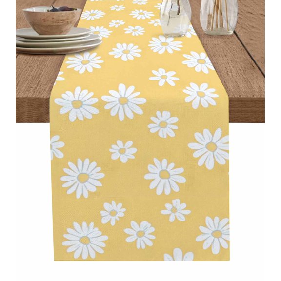 White Yellow Daisy Table Runner 90 Inches, Spring Summer Floral Botanical Bed Runner Dresser Scarves Tabletop for Indoor Outdoor Parties/Ceremony/Banquet, 13" x 90"