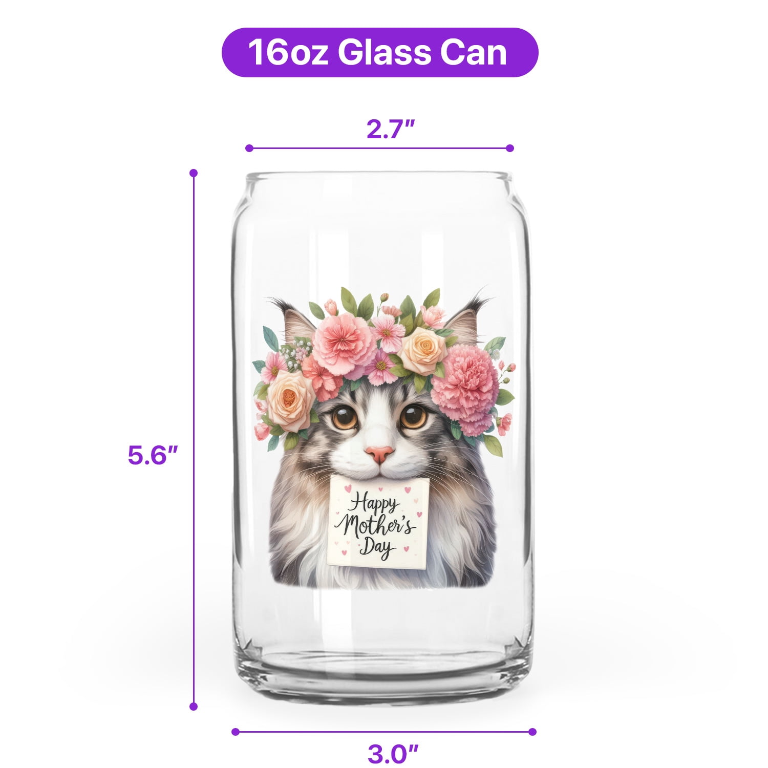 Happy Mother's Day Maine Coon with Flower Crown and Greeting Card 16oz Glass Cup Mug Cat Lover Kitten Owner Gifts Glass Can - 13004