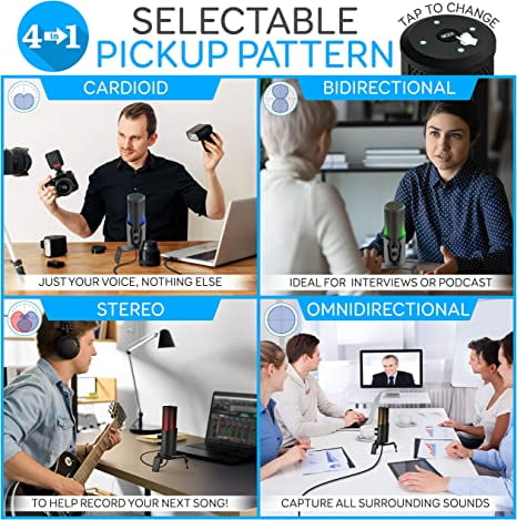 Pyle Selectable Pickup Pattern RGB USB Microphone - 4 Recording Modes Cardioid Condenser Audio Mic