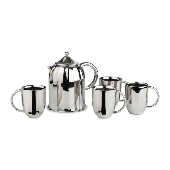Designer Chrome Stainless Steel Coffee Pot With Mug Set | 1 Dome Coffee Pot + 4 Mug | Unbreakable Tea & Coffee Cup With Mirror Polish | Dome Series