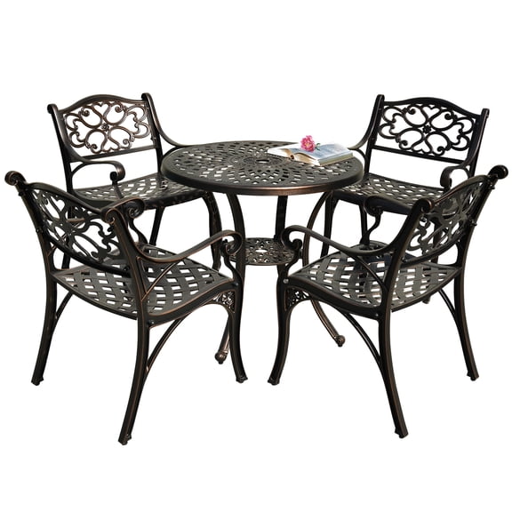 DWVO 5 Piece Cast Aluminum Outdoor Patio Dining Set, Outdoor Patio Bistro Sets with Round Table, 4 Chairs with Adjustable Feet for Balcony, Garden, Backyard, Pool, Hammered Bronze