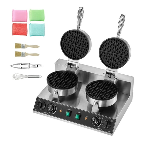 KFFKFF Double Waffle Maker, Round Belgian Waffle Cooking Device, 2460W, Non-Stick, Stainless, with Temperature and Timer Settings, Ideal for Cafes, Bakeries, Snack Shops, and Home Use