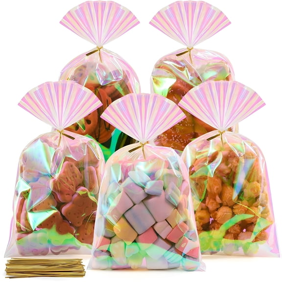 CCOCC Cellophane Bags,100 Pcs 6X10 Inches Clear Treat Bags with Ties Plastic Gift Bag Holographic Iridescent Pink Goodie Bag for Party Favors Wedding Candy Valentine Snack Popcorn Cookies Packing