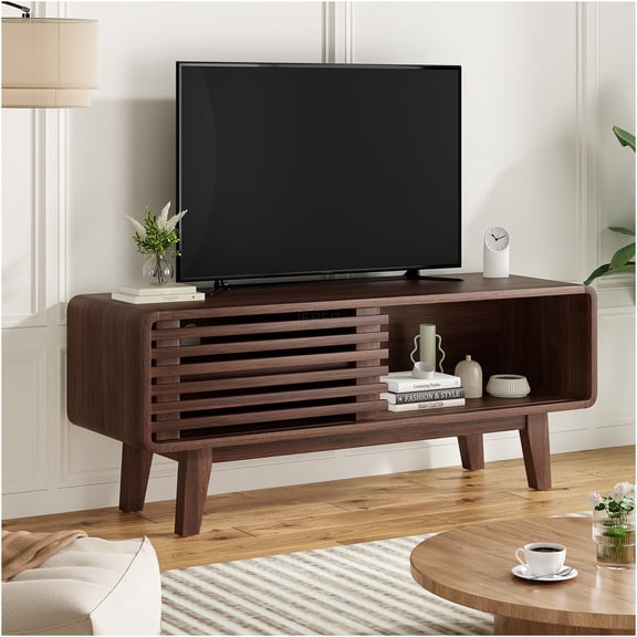 JERFIT 59 Inch TV Stand with Sliding Doors, Modern Wood Entertainment Center for Living Room, Walnut Media Console with Storage Cabinet