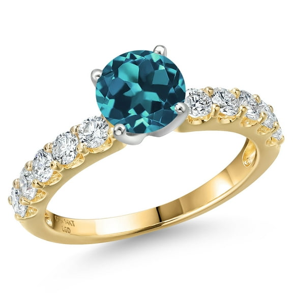 Gem Stone King 14K Two Tone Gold London Blue Topaz and Lab Grown Diamond Engagement Ring for Women | 1.75 Cttw | Round 6MM | Gemstone November Birthstone | Size 7