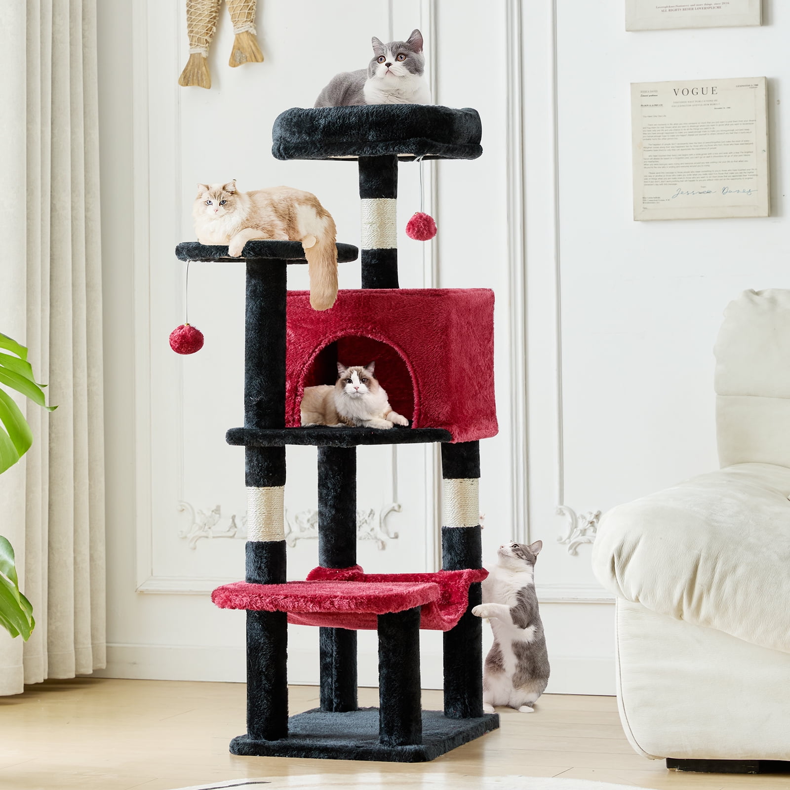 JIOABL 44" Multi-Level Cat Tree Tower with Hammock, Condo, Climbing Plates, Plush Toy, Kitty Playing House, Black Red