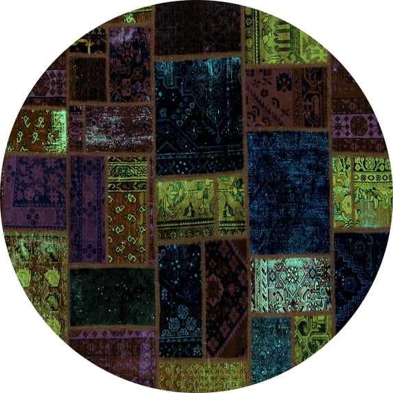 Ahgly Company Machine Washable Indoor Round Patchwork Turquoise Blue Transitional Area Rugs, 6' Round