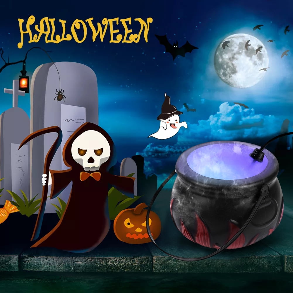 12 LED Cauldron Smoking Black Witch Kettle Fog Machine with LED Light Halloween Witch Cauldron Fog Maker Halloween Cauldron Mister LED Mist Maker Sprayer Decoration for Halloween Party 