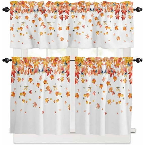 Fall Thanksgiving Kitchen Curtains and Valances Set, Rod Pocket Curtains Tier Farmhouse Window Curtains 36 Inch Length, Orange Maple Leaves Minimalism 3 Piece Kitchen Curtains Set