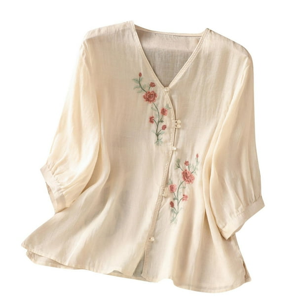 Vestidos Casuales Para Mujer, Blusas De Mujer De Moda Blusa de lino sintético con botones bordados y mangas 3/4 con cuello en V para mujer