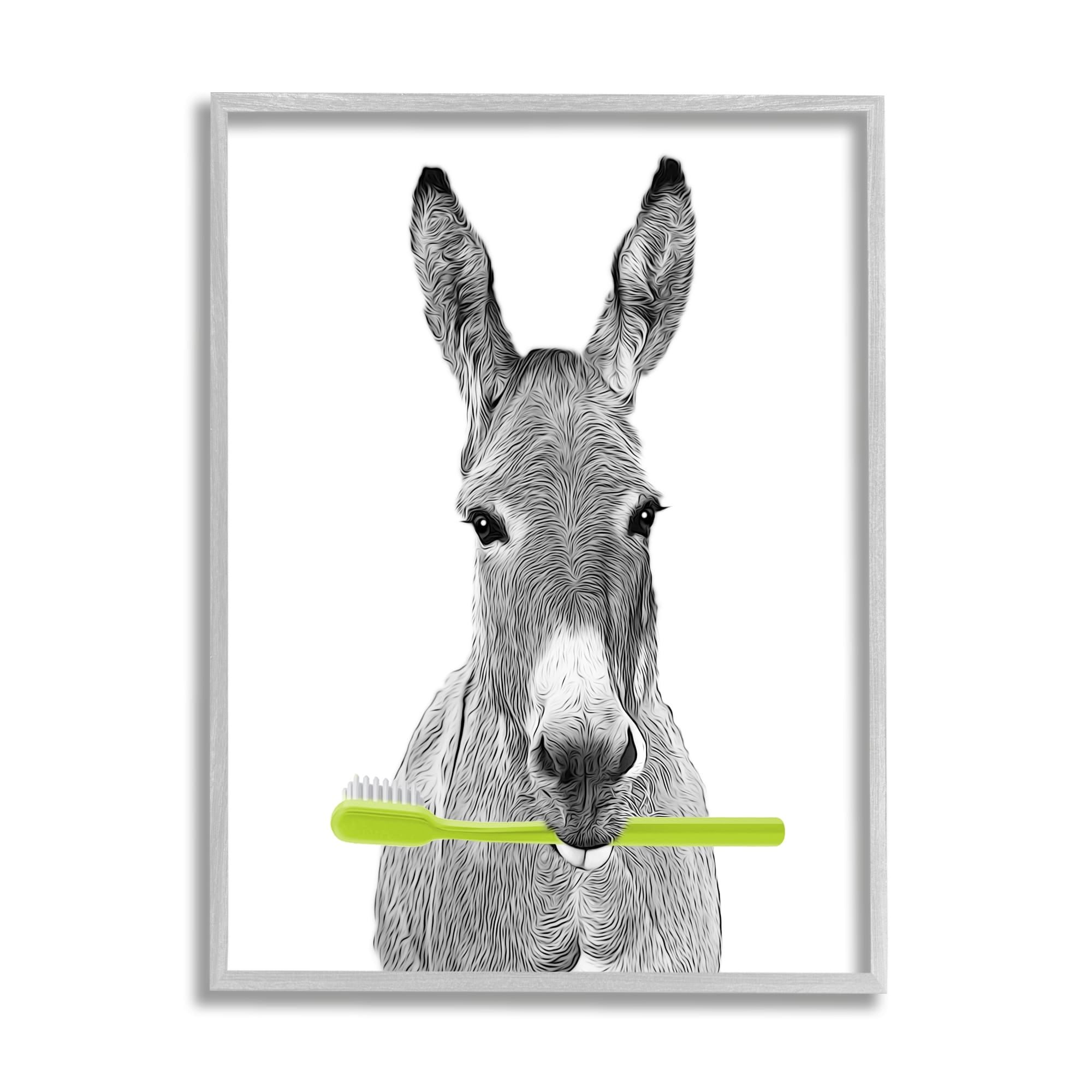 Stupell Industries Donkey Toothbrush Funny Animal Animals & Insects Painting Gray Framed Art Print Wall Art