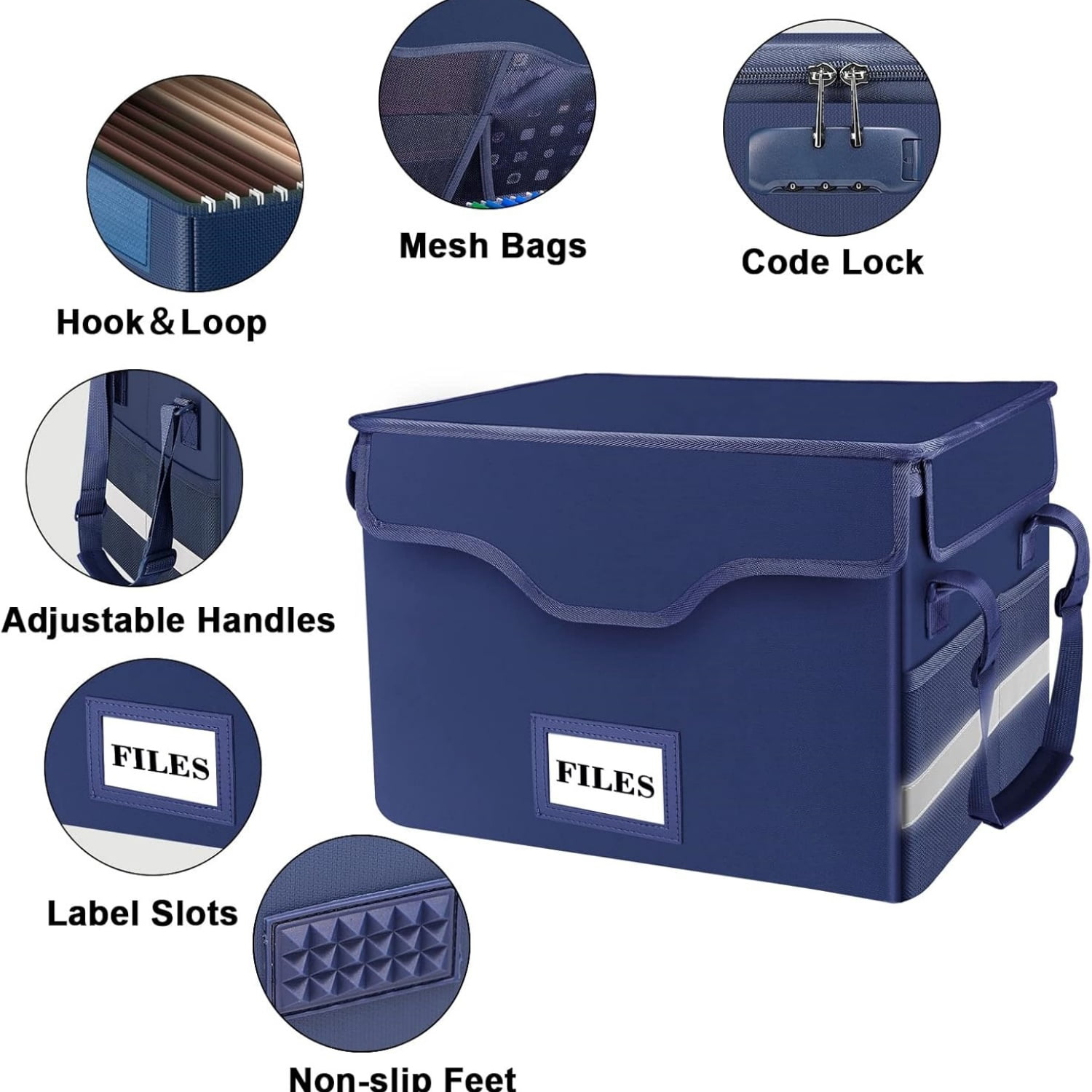 Fireproof Document Box with Lock, File Storage Organizer with Mesh Pockets, Collapsible Portable File Box Home Office Safe Filing Cabinet with Handle for Hanging Letter/Legal Folder, Blue